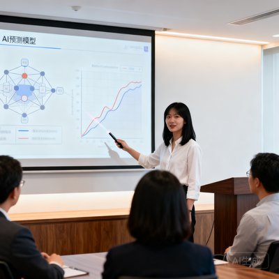 算法总监林晓薇，年轻女性数据科学家，在会议中讲解AI预测模型的场景。