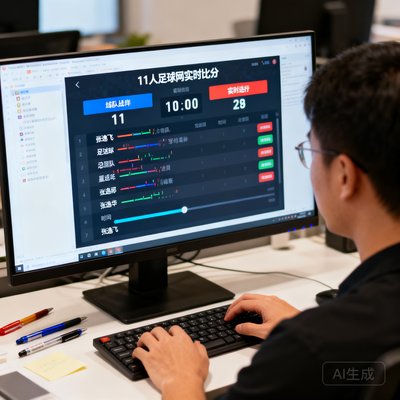 前端技术负责人张逸飞在屏幕前调试代码，显示器上展示着11人足球网的实时比分界面。
